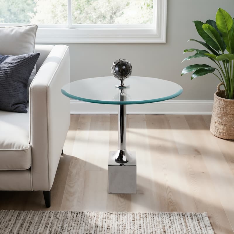Glass Top Accent Side Table with Sculptural Base Round Modern Design - 20" x 20" x 23" - Silver/ Metallic
