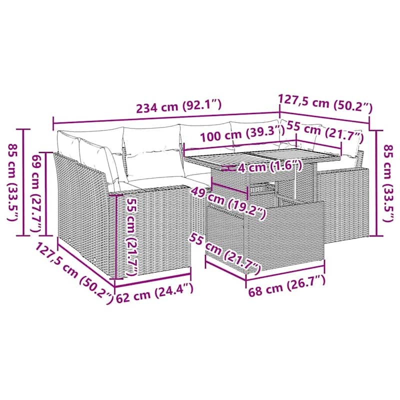 vidaXL Patio Sofa Set with Cushions Outdoor Furniture 7 Piece Poly Rattan