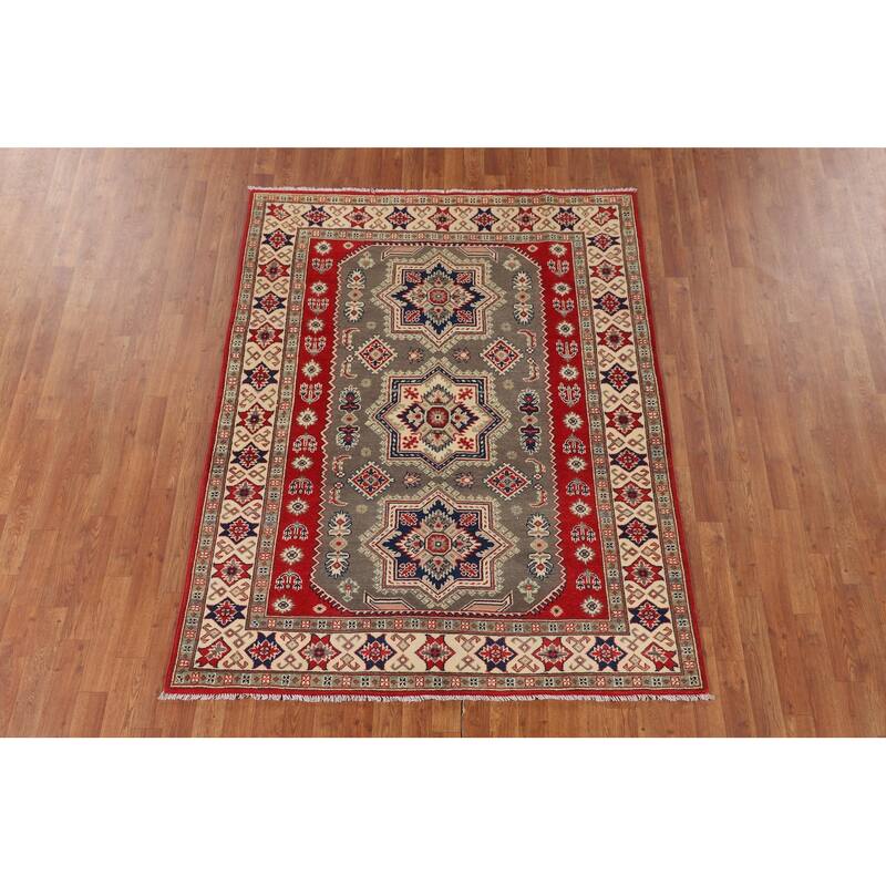 Geometric Kazak Oriental Area Rug Handmade Grey Wool Carpet - 5'0" x 6'6"