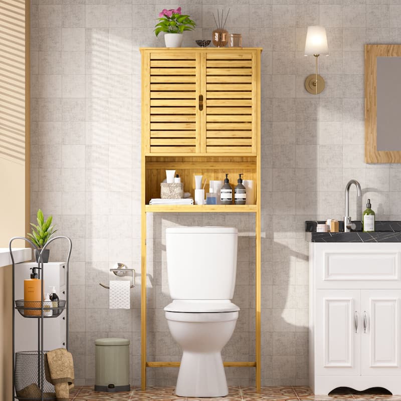 VEIKOUS Bamboo Over The Toilet Storage Cabinet Cupboard Bathroom Organizer with Adjustable Shelf and Double Doors - Brown