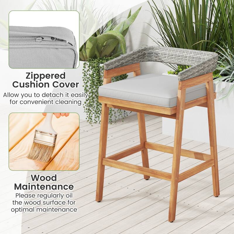 Set of 2 Acacia Wood Outdoor Bar Stools with Cushions and Wicker Back - 22" x 21" x 35"