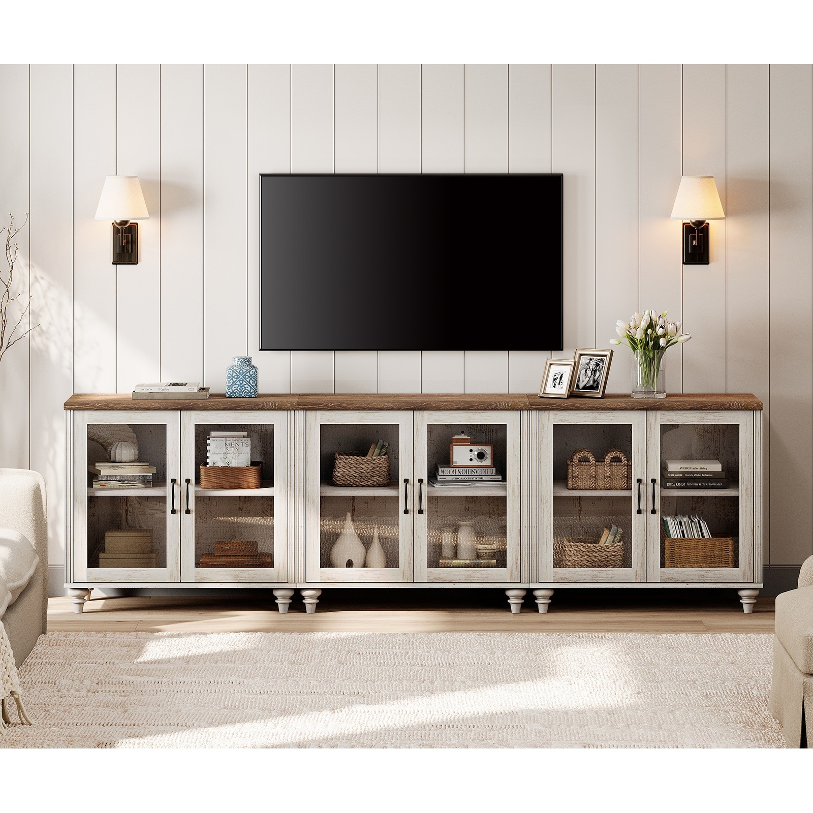 TV Stand with Glass Doors, TV Console Table TV Cabinet