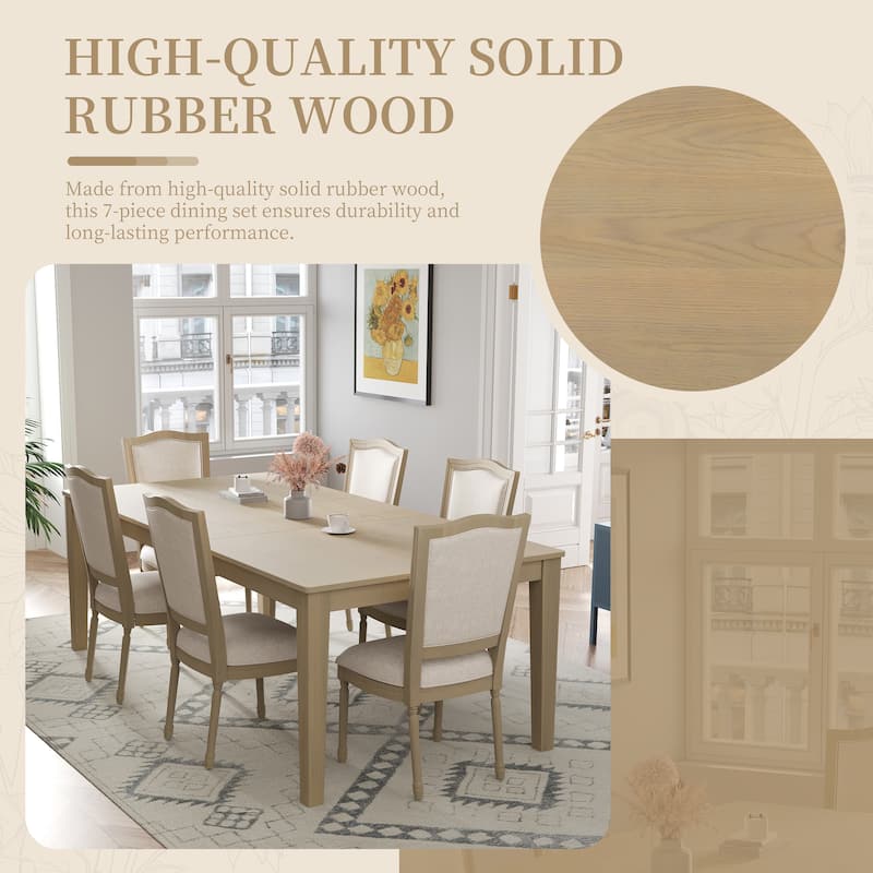 7-Piece Extendable Dining Table Set with Removable Leaf, 6 Upholstered Dining Chairs, 2 Built-in Drawers for Dining Room