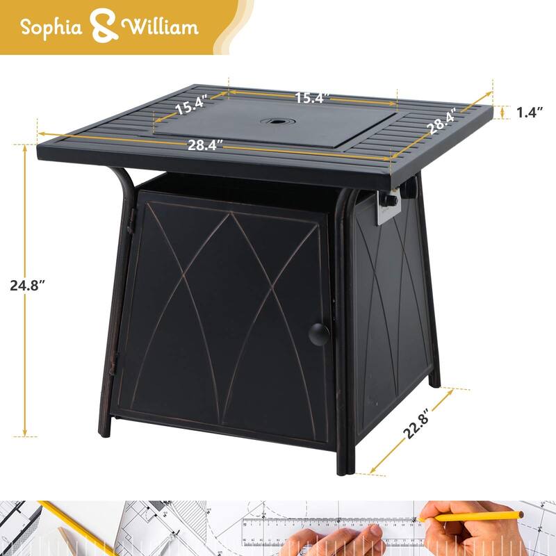 Sophia & William Gas Fire Pit Table, 28 50,000BTU Progane Fire Pits Table with Blue Fire Glass and Lid, Black