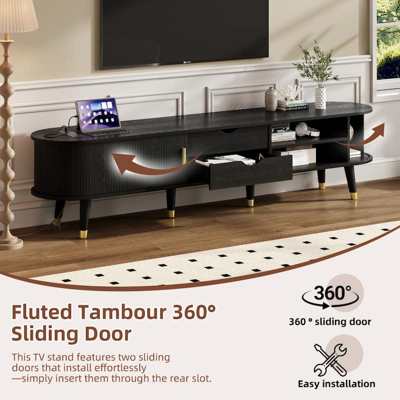 Farmhouse TV Cabinet with Golden Handle,Charging Station and Sliding Tambour Door