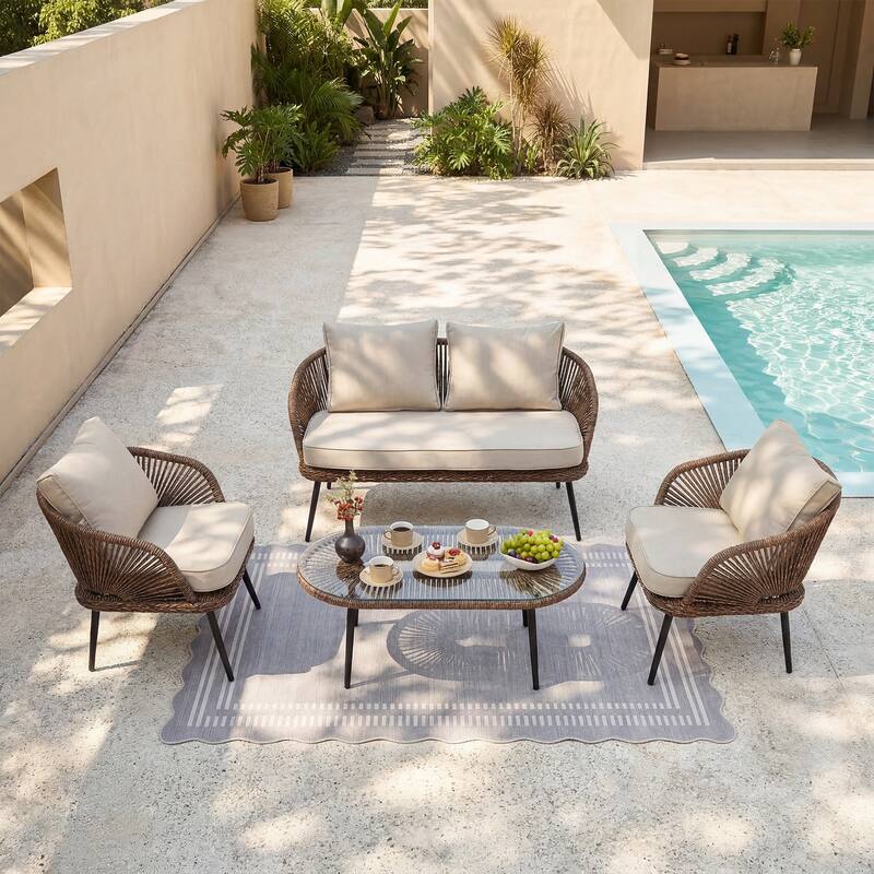 4-Person Outdoor Wicker Patio Conversation Seating Set with Coffee Table, Weather-Resistant Cushions