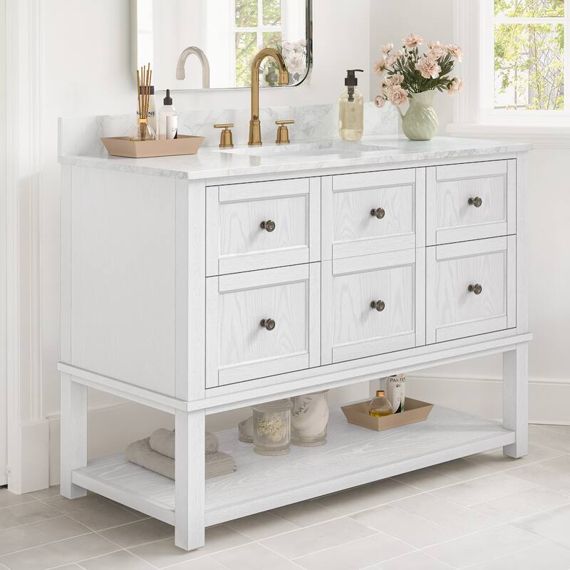 48" Bathroom Vanity with Sink, Marble Countertop Single Bathroom Vanity with 6 Drawers, White