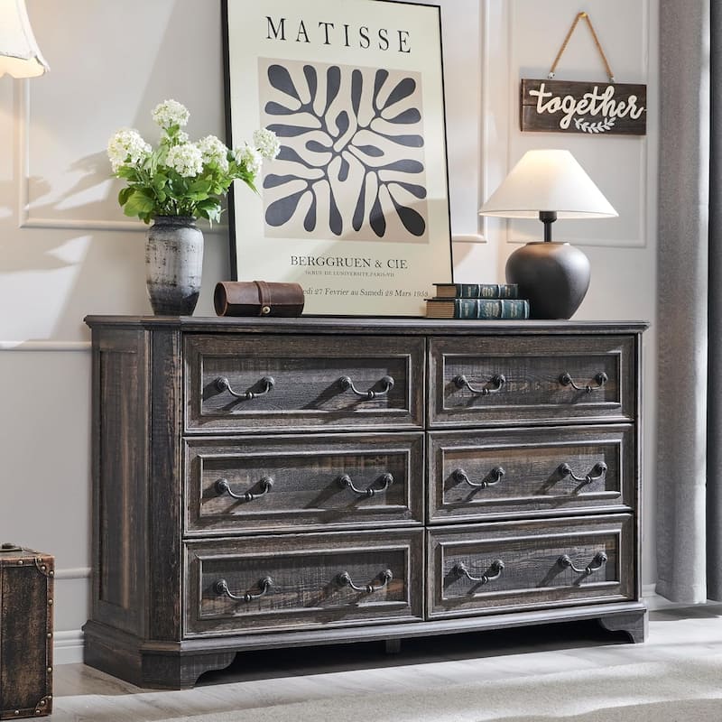 Farmhouse Drawers Dresser, Wood Chest of Drawers, Dressers Organizer - Dark Rustic Oak - 6-drawer