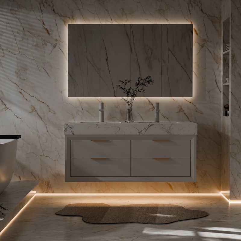 Modland 48" Wall-Mount Double Vanity with LED Light & 6 Drawers - Solid Oak, White / Green - 48 inch