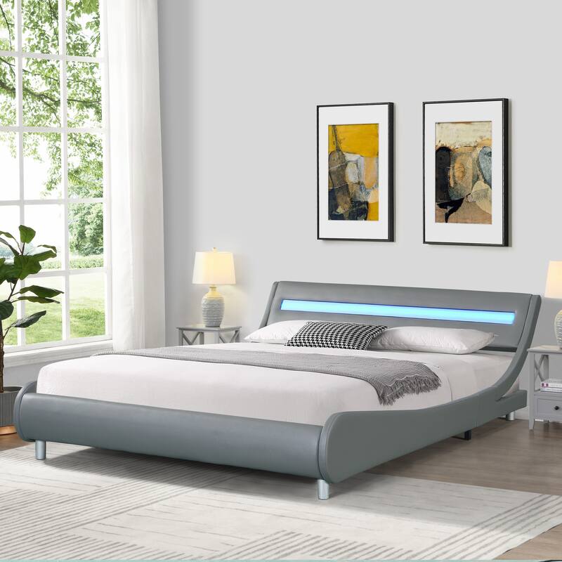 Queen Faux Leather Upholstered Platform Bed with LED & Wood Slat Support - Gray