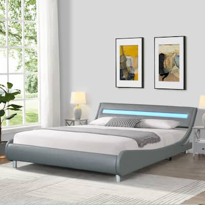 Queen Platform Bed Frame with Remote-Control LED Lights, Curved Faux Leather Design, Sturdy Wood Slats, No Box Spring Required