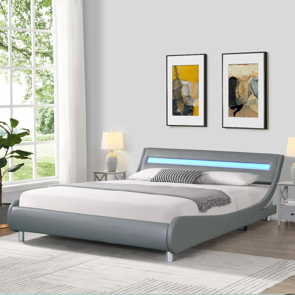Queen Size Faux Leather Upholstered Platform Bed with LED Lighting and Wood Slat Support