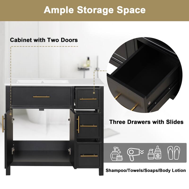 Roomfitters 36" Bathroom Vanity with Sink, Left-Side Basin, Solid Wood Frame, 2 Doors & 3 Drawers