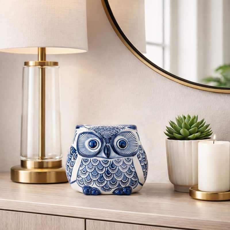 Ceramic Chinoiserie Handpainted Owl Figurine - Blue