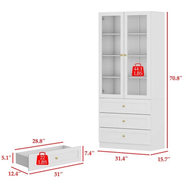 dimension image slide 2 of 4, Glass Cabinet White Display Curio Storage Cabinet with Glass Doors