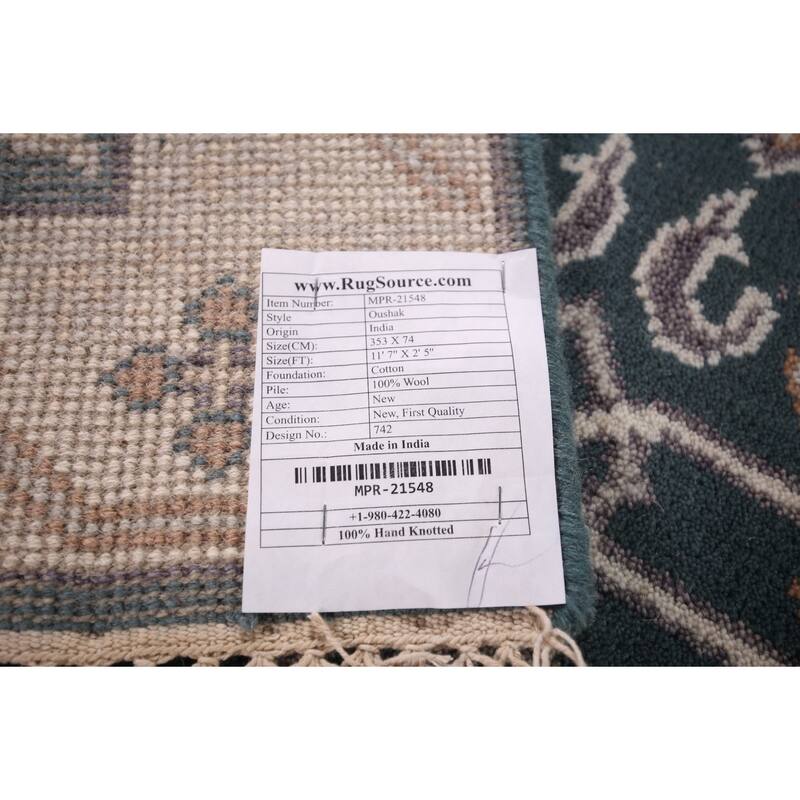Green Oushak Indian Runner Rug Hand-Knotted Wool Carpet - 2'5"x 11'7"