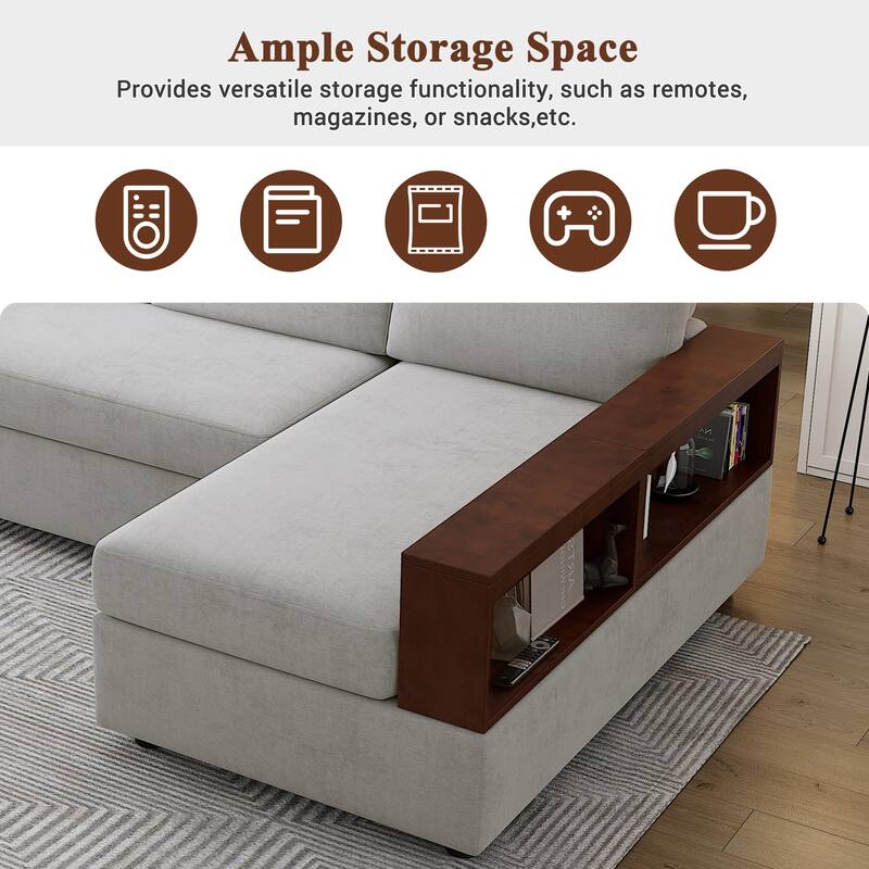 Roomfitters 87 Inch Reversible Sectional Sofa Couch with Storage Armrest, Chaise Lounge