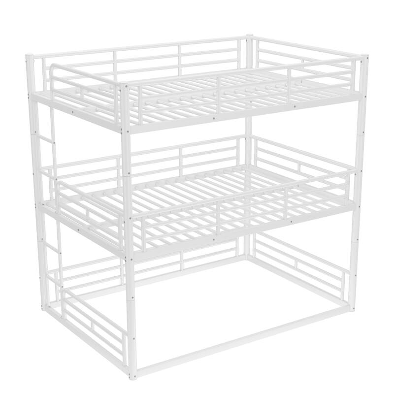 Full over Full over Full Bunk Bed, Metal Triple Bunk Bed with Safety Guardrails, Heavy-duty Bunk Bed with Noise-reduced Design