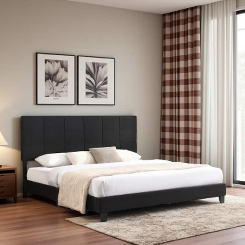 King Size Upholstered Platform Bed Frame with Linen Fabric Headboard, No Box Spring Required, Wood Slat Support, Easy Assembly - Black