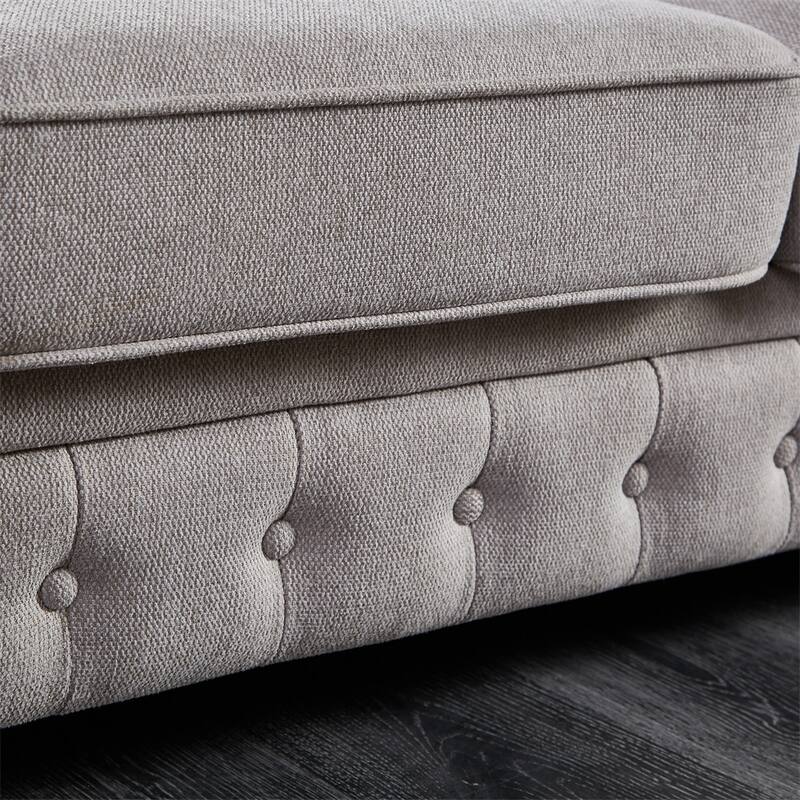 3 Seat Linen Fabric Couch, Solid Wood Chesterfield Round Armrest Sofa