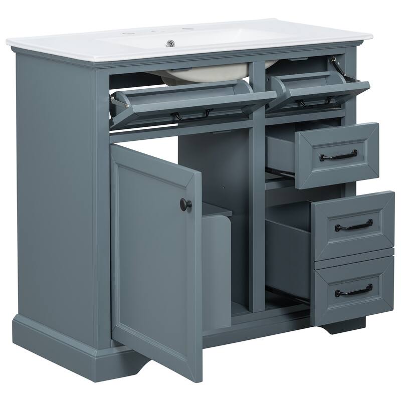 36" Bathroom Vanity with Sink, Ceramic Sink, 2 Tip-out Drawers, Soft Close Door Hinges