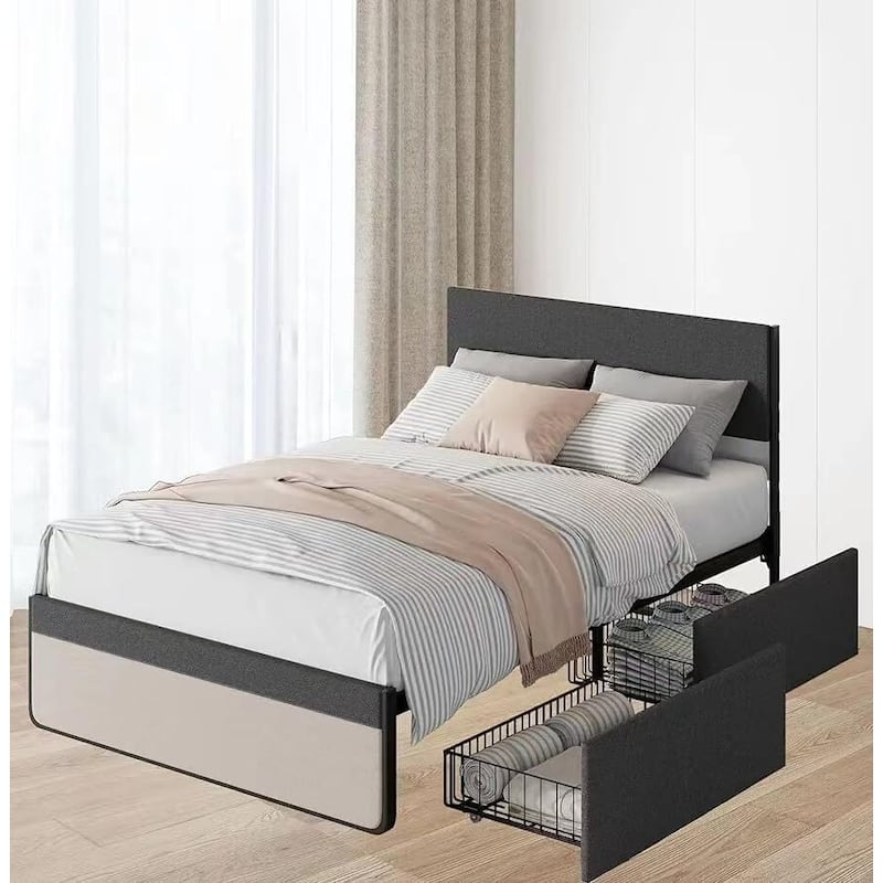 Bed Frame with 2 Storage Drawers Upholstered Platform Bed Frame