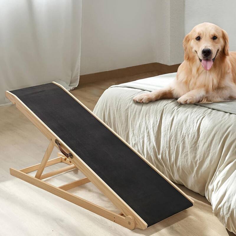 DoCred Folding Non-Slip Rubber Mat Wooden Dog Ramp For High Bed - 45.2"L x 17.7"W x 23.6"H - Brown-YM
