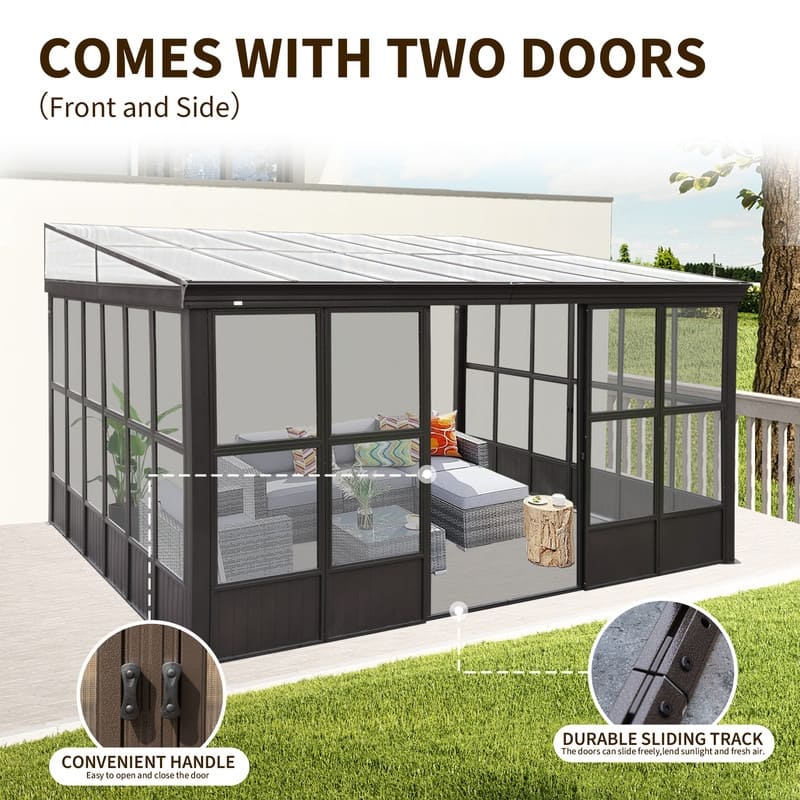 Domi Wall-Mounted Sunroom with Sloped PC Roof and Lockable Sliding Doors