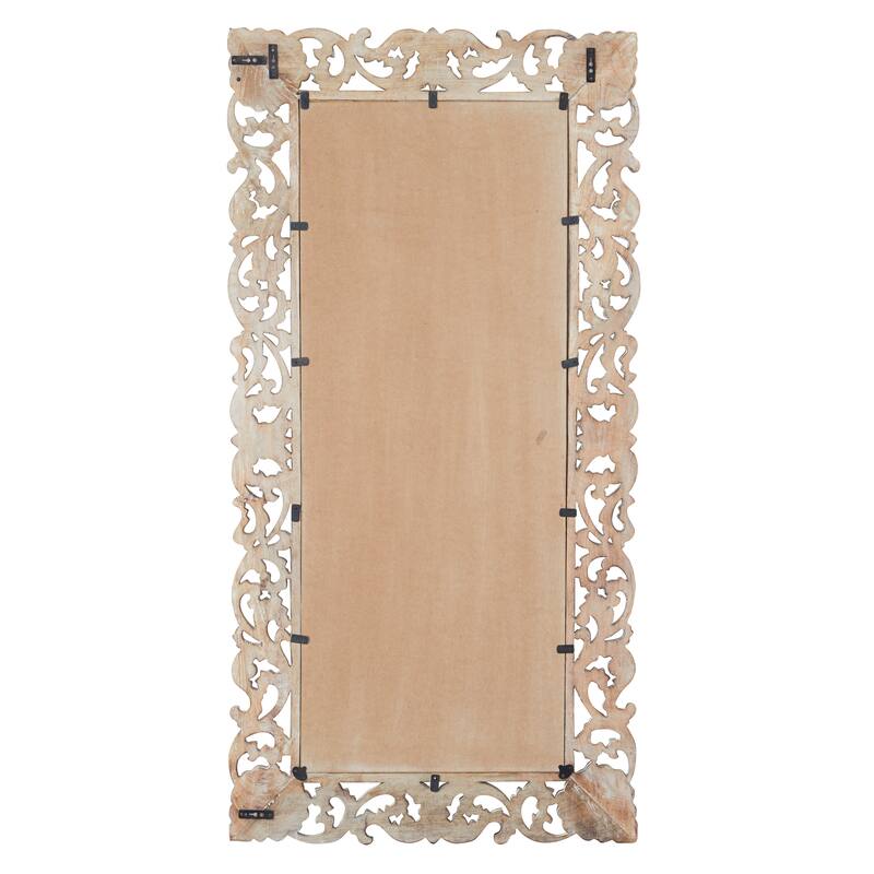 Light Brown Mango Wood Intricately Carved Floral Room Wall Mirror