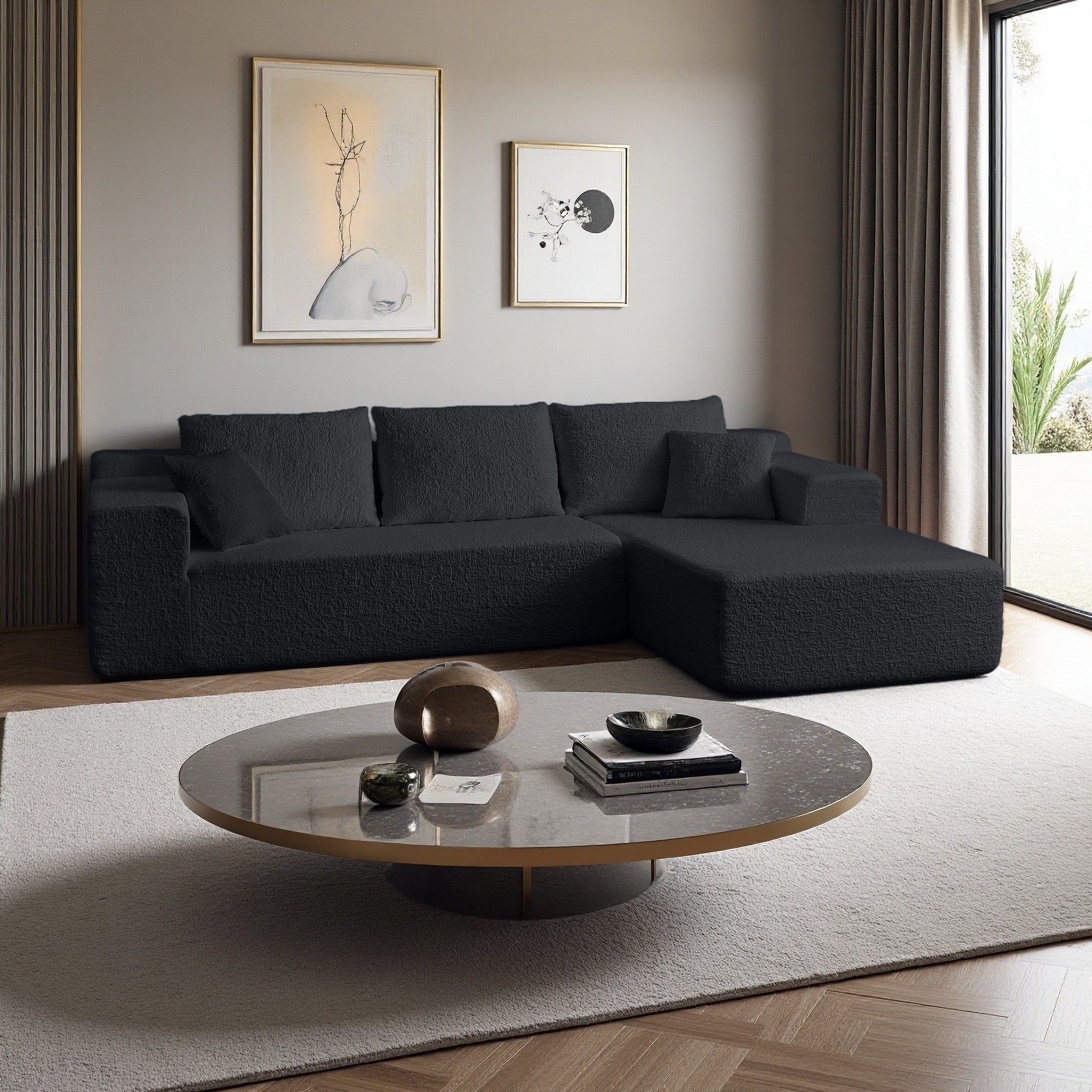 103.54" Chenille L-Shaped 3-Seat Sectional Sofa with Left Chaise & 5 Throw Pillows