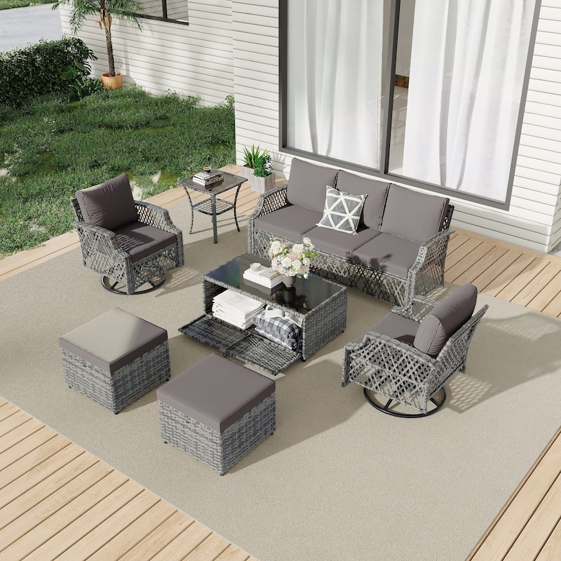 Outdoor Wicker Patio Set w Swivel Chairs & Sofa, Ottomans and Tables, Modular 3/5/6/7-Piece, All-Weather Conversation Set. - 7-Piece: Table & Sofa - Grey