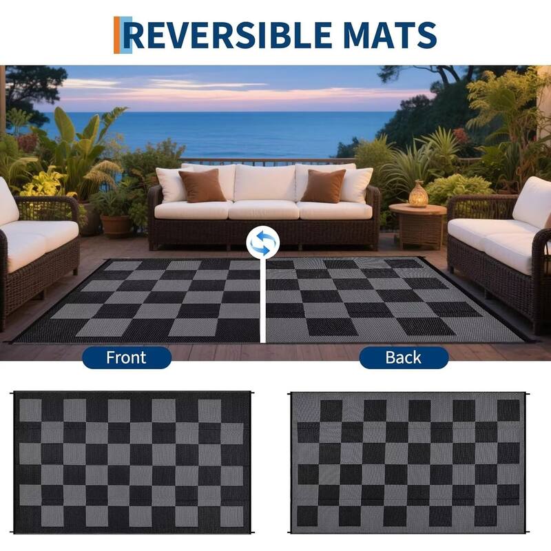 Outdoor Rug Checkerboard Geometric Plaid Pattern, Waterproof Plastic Straw Rug, UV Resistant Foldable Outdoor Rug