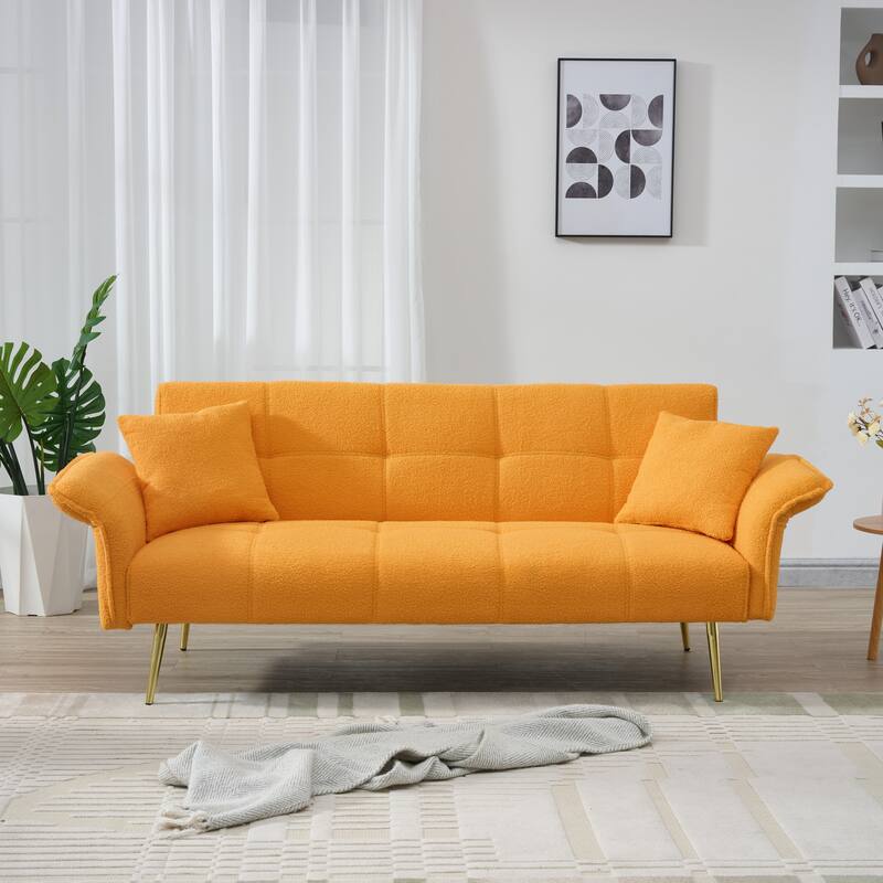 Convertible Sofa Couch Sleeper Sofa with Adjustable Backrest, Yellow Velvet Folding Sofa Bed with Wood Frame