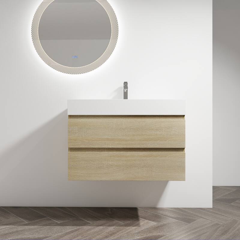 24/30/36 Single Sink Wall-Mounted Bathroom Vanity with Integrated Thick Edge Resin Sink - Light Oak - 35.4" x 18.13" x 24.44"