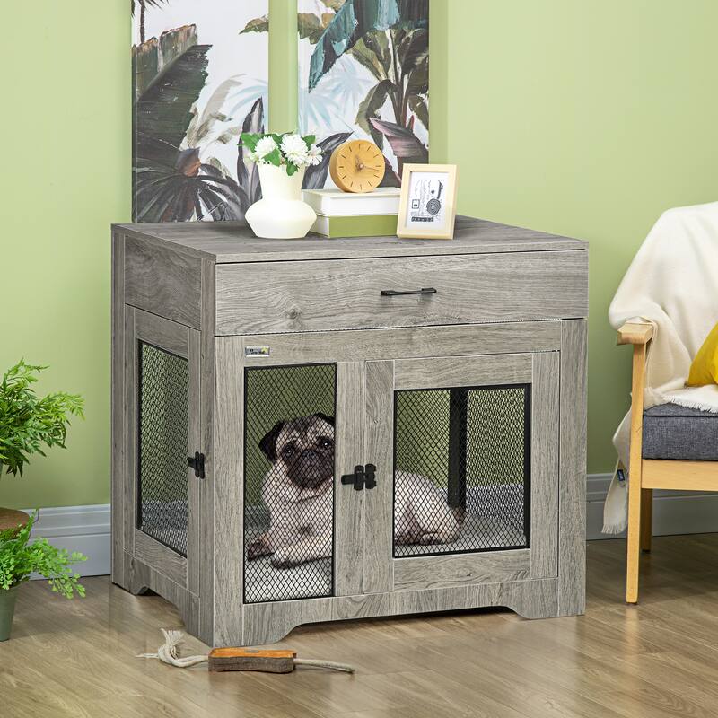 PawHut Dog Crate Furniture with Soft Water-Resistant Cushion, Dog Crate End Table with Drawer - Grey