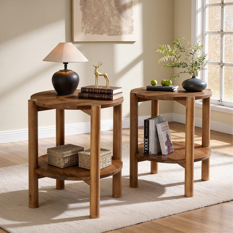 Solid Wood Round End Tables for Living Room, Farmhouse 2-tier Side Table - 19.69" D x 19.69" W x 23.62" H - Natural Brown-2 PCS