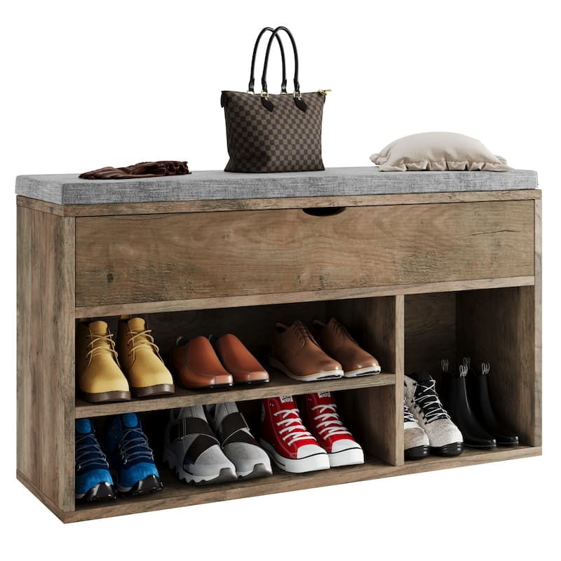 Shoe Storage Bench with a Cushioned Seat and 2 Tiers of Shelves - Brown