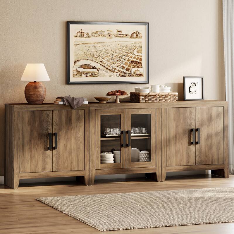 WAMPAT Farmhouse Buffet Cabinet with Glass Doors, 3-Piece Modular Sideboard with Adjustable Shelves - Brown