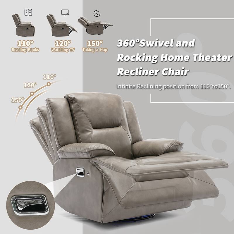 360° Swivel Rocker Recliner with LED Lights, Manual Media Chair