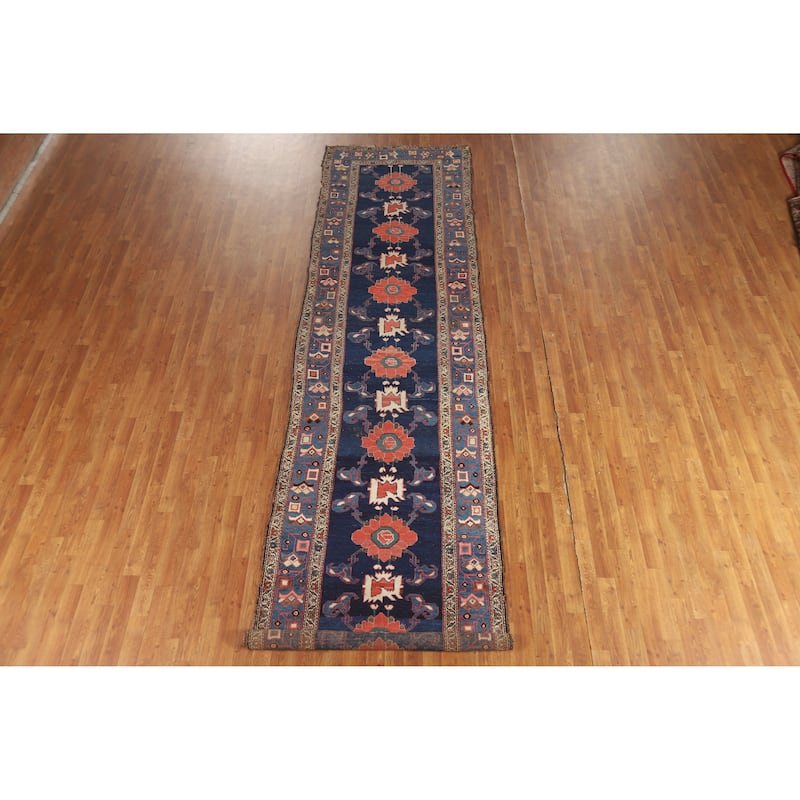 Hand Knotted Oriental 100% Wool Carpet Traditional Floral Navy Blue & Blues Heriz Runner Rug - 14' 9'' X 3' 9''