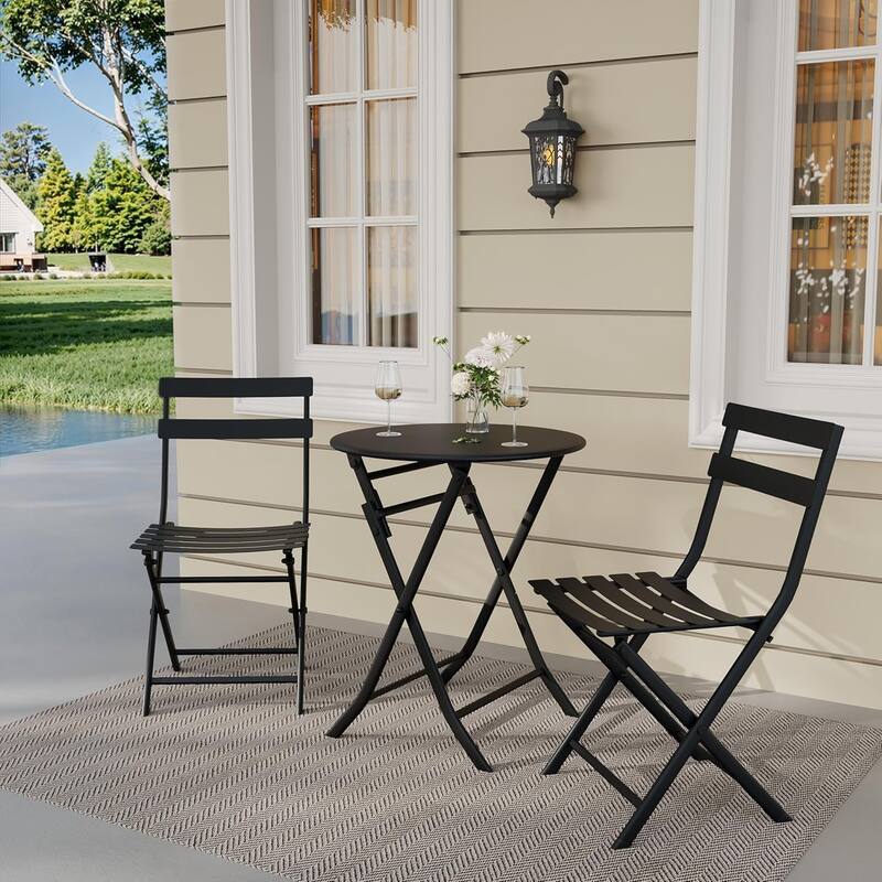 3 Pieces Patio Foldable Round Table and 2 Chairs - Black