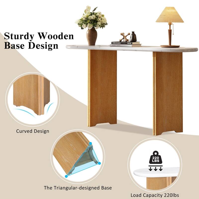 Rustic Sofa Table Narrow Console Table with Oval Faux Marble Top