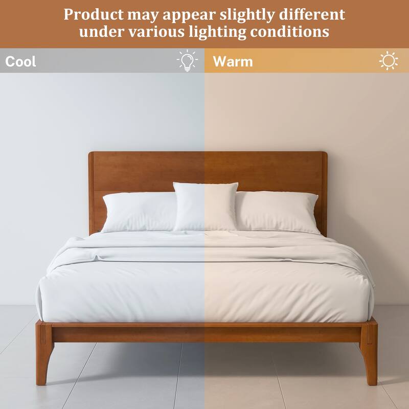 Bamboo Wood Platform Bed/Mid-Century Modern Bed Frame with Tall Headboard/Wood Slat Support/No Box Spring Needed/Easy Assembly