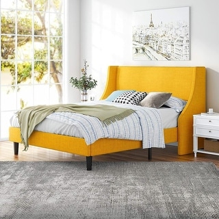 Queen Size Fabric Wingback Platform Bed with Headboard, Light Yellow ...