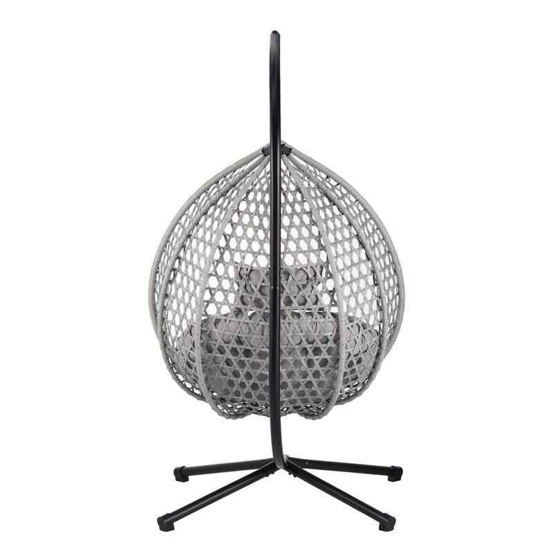 Hollowed-Out Hanging Chair with Adjustable Headrest, Weather-Resistant Rattan Swing Chair with Iron Base