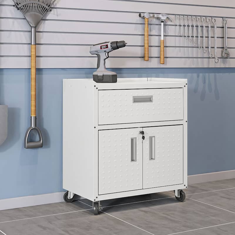 Fortress 31.5" Mobile Garage Cabinet with Drawer and Shelves - White