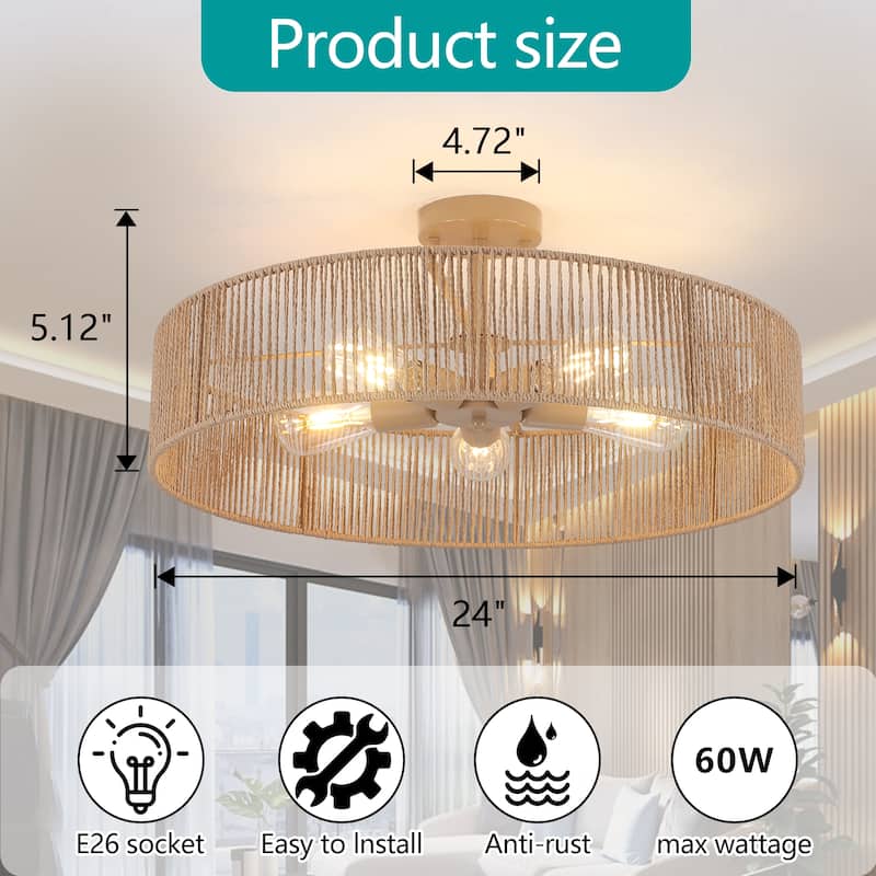 5-Light Rattan Semi Flush Mount Light - Walnut