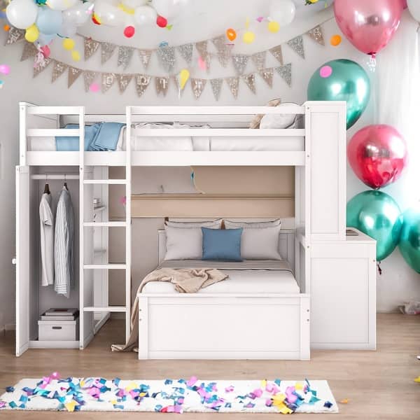 slide 2 of 14, Modern Full size Loft Bed With Twin Size Stand-alone Bed,Shelves,Desk And Wardrobe,Versatile Use