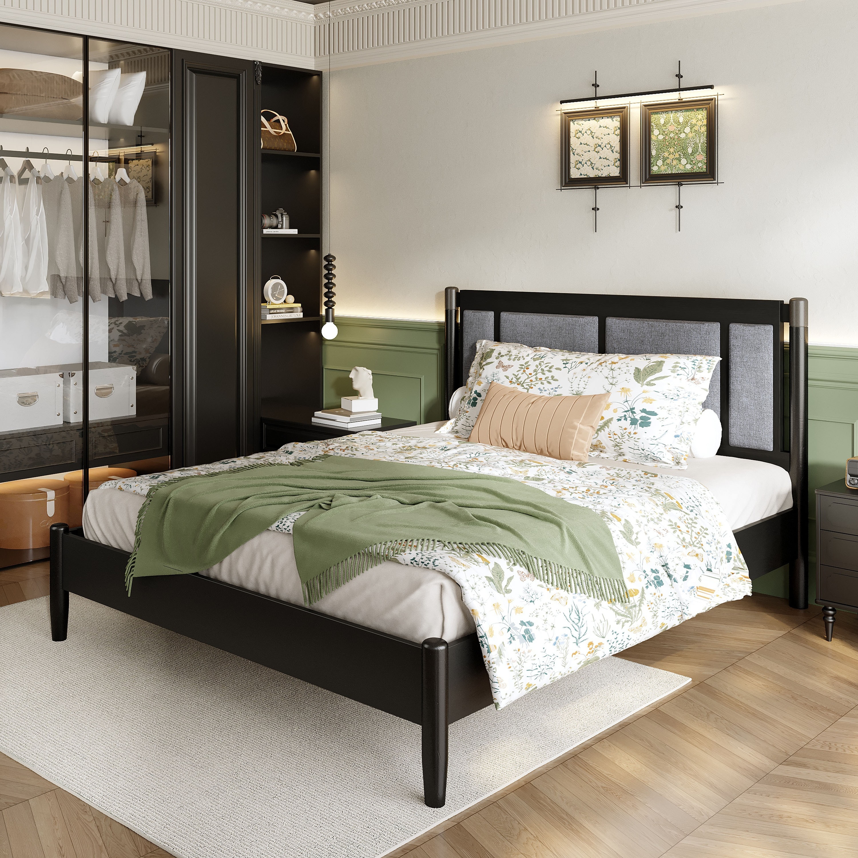 Christopher Knight Home - Modern Wood Platform Bed with Upholstered Headboard & Metal Handle Accents
