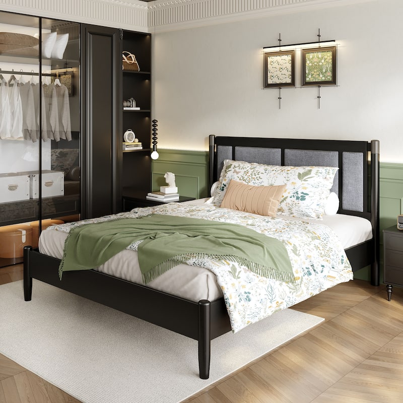 Solid Wood Platform Bed Frame, No Box Spring Needed, Upholstered Headboard Wingback Bed, Wood Slat Support